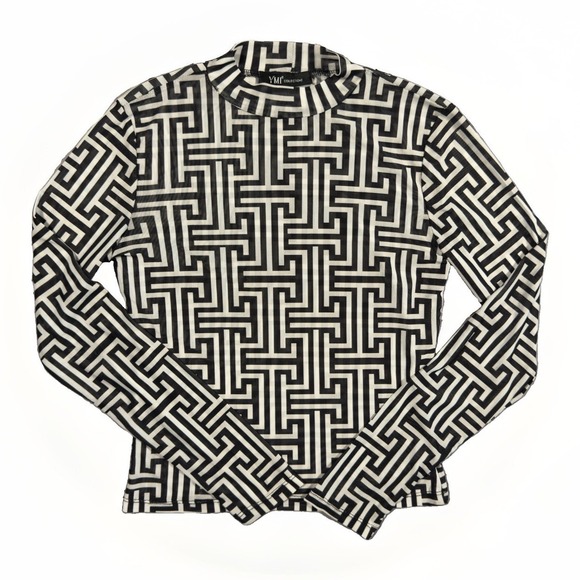 YMI Tops - YMI Collections Womens M Black White Geometric Mesh Top Long Sleeve Sheer